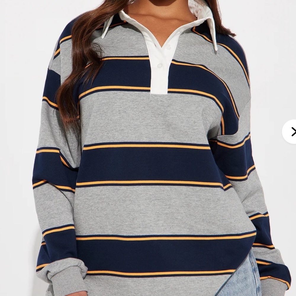 East Coast Rugby Stripe Polo Top - Heathered Grey Sz SMALL BLUE/Grey